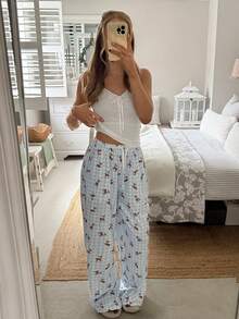 CovetEZ Women's Drawstring Waist Plaid Deer Print Wide Leg Loose Casual Pants - Multicolor - View 4