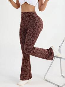 Slayform 豹纹高腰修身喇叭裤时尚瑜伽裤