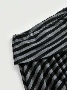 ROMWE Y2K休闲基础款黑灰条纹不对称下摆A字长裙（女款） - 黑色 - 查看 9