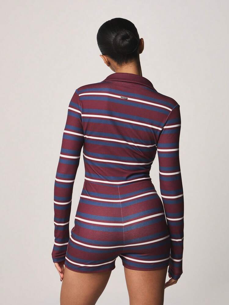 Missguided x Playboy Striped Button Front Long Sleeve Polo Collar Jumpsuit Playsuit Romper With Short Bottom Fall Winter Casual Everyday Outfit