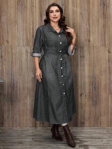 EMERY ROSE Plus Size Women Elegant Belted Denim Dress - Grey - View 3