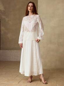 MOTF PREMIUM 女士浪漫蕾丝拼接褶裥A字裙，适合春夏穿着 - 白色 - 查看 3