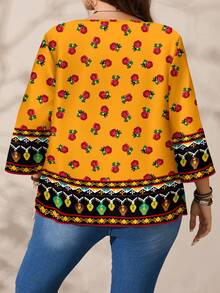 EMERY ROSE Casual Minimalist Black Background Red Rose Geometric Patchwork Placement Retro Print 3/4 Sleeve Women's Shirt Spring - Multicolor - View 5
