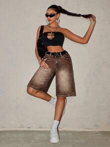 SHEIN Tall 女士宽松休闲百慕大牛仔短裤，带口袋 - 咖啡棕 - 查看 6