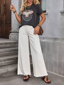 SHEIN Holidaya Women's Solid Color Casual Jeans White Wide Leg Pants Women Palazzo Pants Women White Flare Pants Boho Pants - Beige - View 6