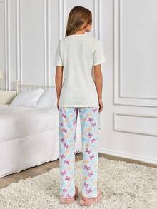 EURMUSE Bow Print Pajama Set, Short Sleeve Graphic Tee & Printed Pants, Soft Ribbed Lounge Co-Ord, Kawaii Aesthetic Sleepwear, Y2K Cute Casual Homewear - White - View 2