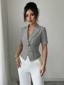 SHEIN Elenzya Tie-Waist Bow Striped Elegant Romantic Refined Women Blouse - Black and White - View 4