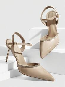CUCCOO SZL Pantofi cu toc înalt, eleganți, de culoare caisă, cu vârful ascuțit, decorați cu strasuri, cu vârful ascuțit, din piele lăcuită, sexy, versatili, cu bareta la gleznă, pantofi la modă cu toc stiletto, sexy, atrăgători pentru petreceri, potriviți pentru birou, exterior, nuntă, gală, petrecere, primăvară, Paște - Caisă - Vizualizare 6