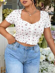 SHEIN EZwear Blusa corta de verano con estampado de flores Ditsy y ribete de lechuga talla grande - Multicolor - Ver 6