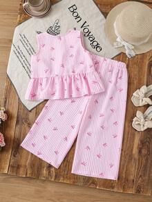 SHEIN 2pcs Young Girl Woven Striped Bow Decor Casual Camisole And Pants Set Young Girl Pant Set Girls Pink Stripe Set Young Girls Cami And Wide Leg Pants Set Girls Pink Two Piece Set Girls Two Piece Pant Set Girls Pink Pajama Set - Pink - View 2