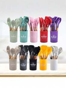 12Pcs/Set Wood Handle Non-Stick Silicone Kitchen Cooking Utensil Set, Heat Resistant Silicone Cookware With Storage Bucket - Multicolor - View 1