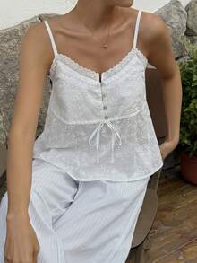 DAZY Women's Summer Vacation, Cotton Lace Patchwork Cinched Waist Camisole Top - Beige - View 5