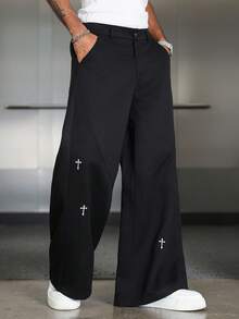 PAVTROS Men's Cross Embroidery Casual Loose Wide Leg Pants - Black - View 3