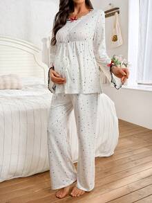 Moonlight&Mama 2pcs Lace Patchwork Maternity Sleepwear Set, Round Neck Star & Moon Print, Elastic Waist Long Sleeve Top & Pants - Apricot - View 4