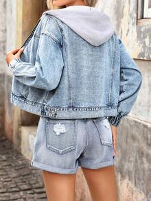 Breezaya 女士宽松浅蓝色水洗拉链牛仔连帽外套 - 淺色水洗藍 - 查看 2