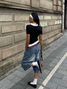 Coolane Women's Spring/Summer Streetwear Casual Homecoming Preppy Daily Wear Embroidered Patchwork Lapel Two Fake Pieces Bustier T-Shirt - Black and White - View 6