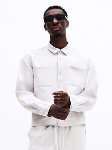 SUMWON Casual Button Down Collared Shirt And Relaxed Drawstring Pants Two Piece Coordinating Set Plain - Light Grey - View 3