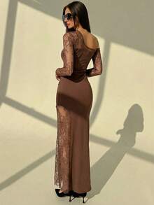 Aloruh Brown Lace Asymmetrical Shoulder Dress, Sheer Slit Elegant Evening Gown For Women - Coffee Brown - View 2