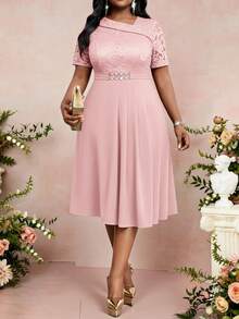 Fleurora Plus Size Women's Elegant Dusty Pink Summer Lace Patchwork Midi Dress,Wedding Ninang Graduation Guest Outfit,Short Sleeve Tea Party Birthday Dresses - Pink - View 7