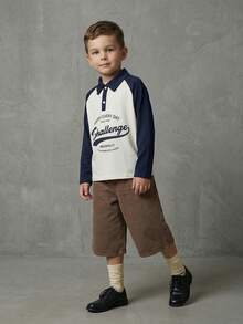 Casuvi Kids 4pcs/Set Boys' Casual Stylish Minimalist American College Contrast Color Block Letter Print Polo Collar Long Sleeve Shirt, Loose Fit, Versatile, Suitable For Spring, Summer, Autumn, Daily Wear, Birthday Party, Campus Activities, Family Gathering, Formal Occasions - Multicolor - View 2