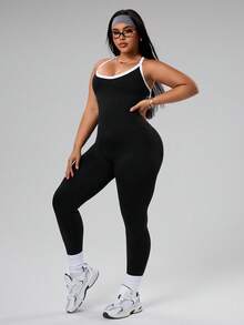 SHEIN Rhythm Era 大码女式黑色露背连体裤，适合跑步、瑜伽、健身、户外运动。