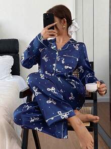 Dream Adore Bộ đồ ngủ dài tay nữ bằng lụa giả họa tiết chấm bi nơ - Màu xanh hải quân - Xem 3