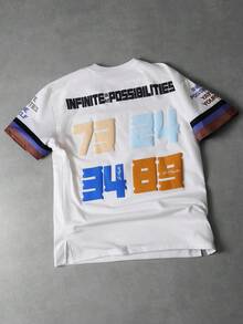 PAVTROS Áo thun nam tay ngắn cổ tròn phối màu, in chữ và sọc, in kỹ thuật số nhiều màu, vạt xẻ, cổ tròn, dành cho nam giới. - trắng - Xem 3