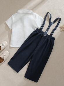 SHEIN 2pcs Baby Boy Gentleman Outfit,White Summer Elegant Wedding Guest Suit,Stylish Bow Tie,Striped Collar Shirt,Vest&Casual Shorts,Toddler Boys Party Wear - Multicolor - View 4