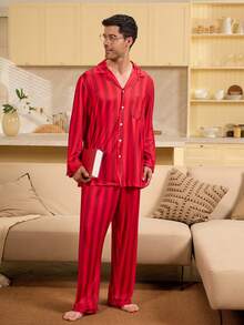 Velminro 男士条纹纽扣前开襟舒适透气休闲睡衣套装 - 紅色 - 查看 1