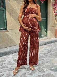 SHEIN 2件套孕妇休闲波点印花吊带背心套装，夏季 - 棕色 - 查看 6