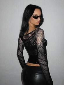 EgrlEra Sexy Sheer Long Sleeve Mesh Y2K Top Gothic - Black - View 2