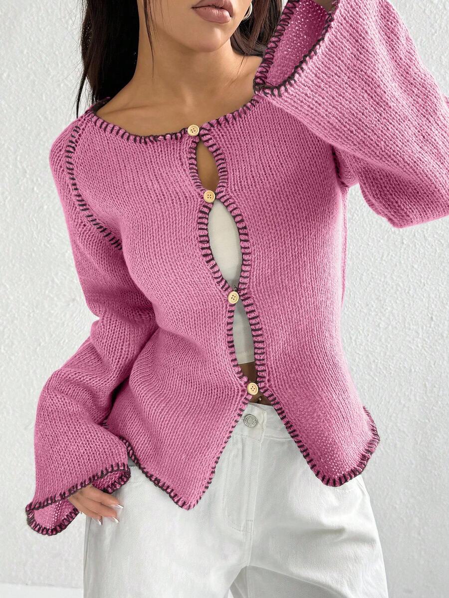 Flirla Women's Contrast Trim Raglan Sleeve Flared Cuff Casual Knit Cardigan - Hot Pink - View 1