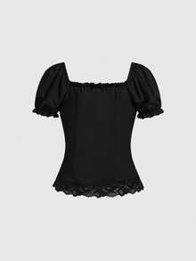 ROMWE Goth 复古黑色时尚领结甜美衬衫女款短袖方领修身独特上衣，新款优雅休闲Y2K复古风 - 黑色 - 查看 2