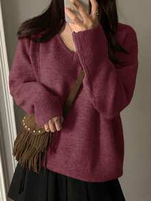 DAZY Women's Casual V-Neck Pullover Sweater, Solid Color, Suitable For Daily Commute, Autumn/Winter Spring - Burgundy - View 4