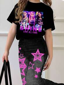 2pcs/Set Tween Girls Black Cartoon Character Print Loose Fit Crew Neck Short Sleeve T-Shirt And Flare Pants, Casual Outfit For Spring/Summer Daily Wear And Outings - Multicolor - View 6