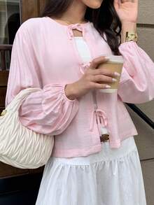 Solavon Áo nữ tay dài đơn giản, màu trơn, kiểu dáng thường ngày, buộc dây. - Hồng - Xem 8