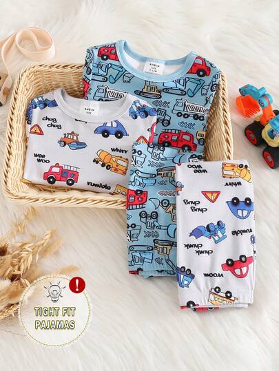 4pcs Baby Boy Snug Fit Pajama Set, Funny Excavator, Crane, Truck Print Colorblock Long Sleeve Top And Pants