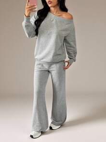 SHEIN PETITE 女士春夏基础款针织纯色灰色宽松露肩不对称领长袖卫衣和喇叭裤运动套装，两件套 - 灰色 - 查看 6