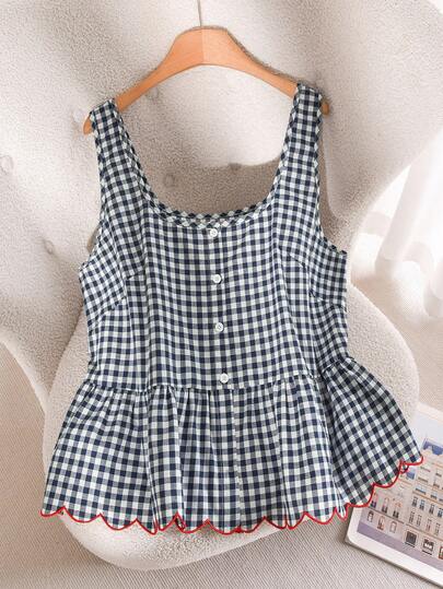 CosyJoli Plus Size Women Contrast Trim Top, Floral Trim Women's Outerwear, Cute New Women's Clothing, Plaid Top, Casual Women Apparel