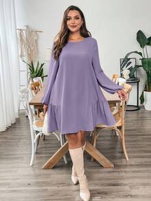 SHEIN Essnce Plus Size Women's Autumn And Winter Casual Loose Long-Sleeved Khaki Dress,Fall Short Dress,Fall Women Outfits,Office Wear,Work Women Dresses,Homecoming ,Teacher Clothes,Curv Dress - Lilac Purple - View 6