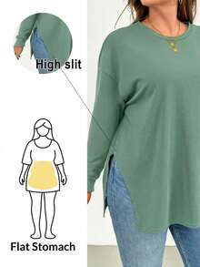 SHEIN Essnce Plus Size Women's Spring And Autumn Fashion Casual Loose Comfortable Daily Simple Basic Versatile Slim High Slit Black T-Shirt,Fall Clothes,Going Out Tops - Green - View 1