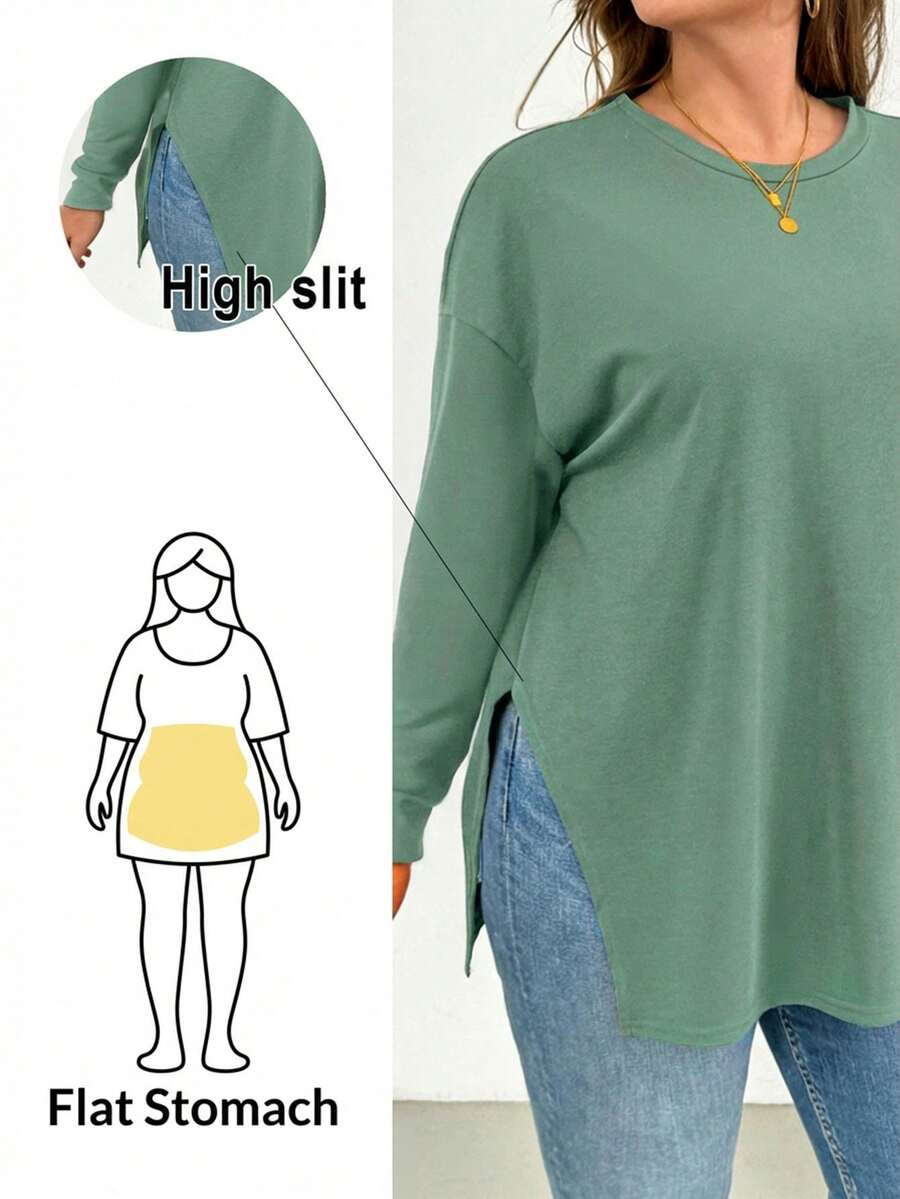 SHEIN Essnce Plus Size Women's Spring And Autumn Fashion Casual Loose Comfortable Daily Simple Basic Versatile Slim High Slit Black T-Shirt,Fall Clothes,Going Out Tops - Green - View 1