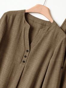 Rusticease 休闲纯色翻领卷袖上衣和松紧腰裤套装 - 棕色 - 查看 6