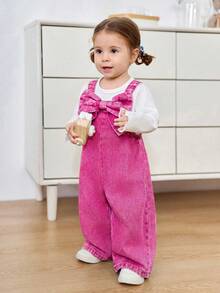 SHEIN Infant/Baby GirlBow Decor Pink Denim Loose Jumpsuit - Pink - View 5