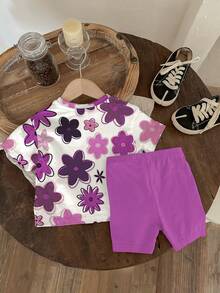 SHEIN Bộ 2 món cho bé gái, họa tiết hoa, màu tím, gồm áo thun cổ tròn tay ngắn và quần legging, thích hợp cho mùa xuân/hè, phong cách Y2K, thời trang thường ngày dễ thương cho bé gái, thời trang thu đông cho bé gái, phong cách thu đông mới, thời trang hoa, K-Pop, bộ đồ hai mảnh cho bé gái, thời trang giá cả phải chăng. - Nhiều màu - Xem 3