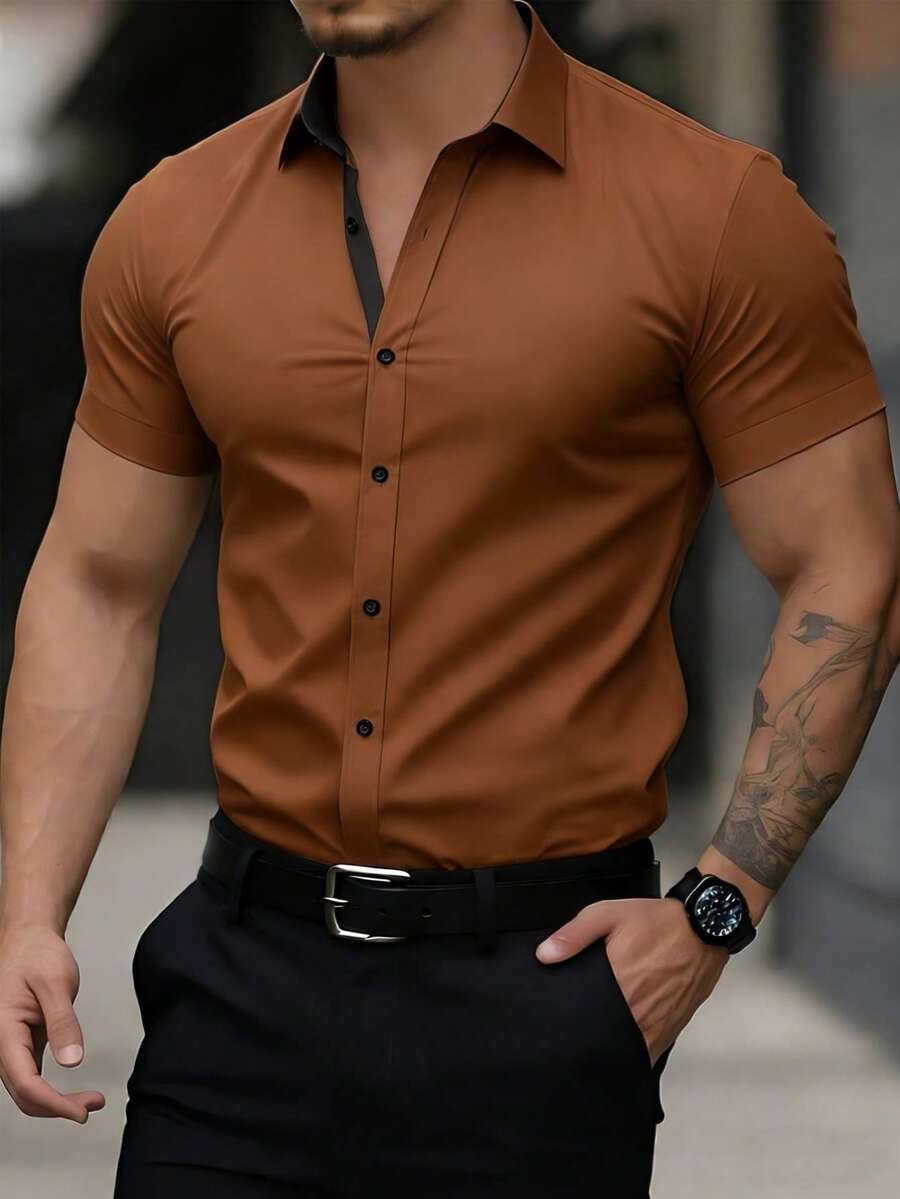 Manfinity Mode 男士素色前扣休閒百搭短袖襯衫,棕色,正式、儀式 - 咖啡棕 - 查看 1