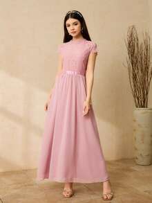 Elegantes Partykleid für Teenager-Mädchen mit Rundhalsausschnitt, Kurzarm, Spitzen-Patchwork und Chiffon - Pink - Übersicht 5