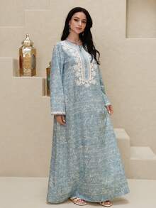 Al Najma 女士优雅印花阿拉伯风格连衣裙 - 藍色 - 查看 6