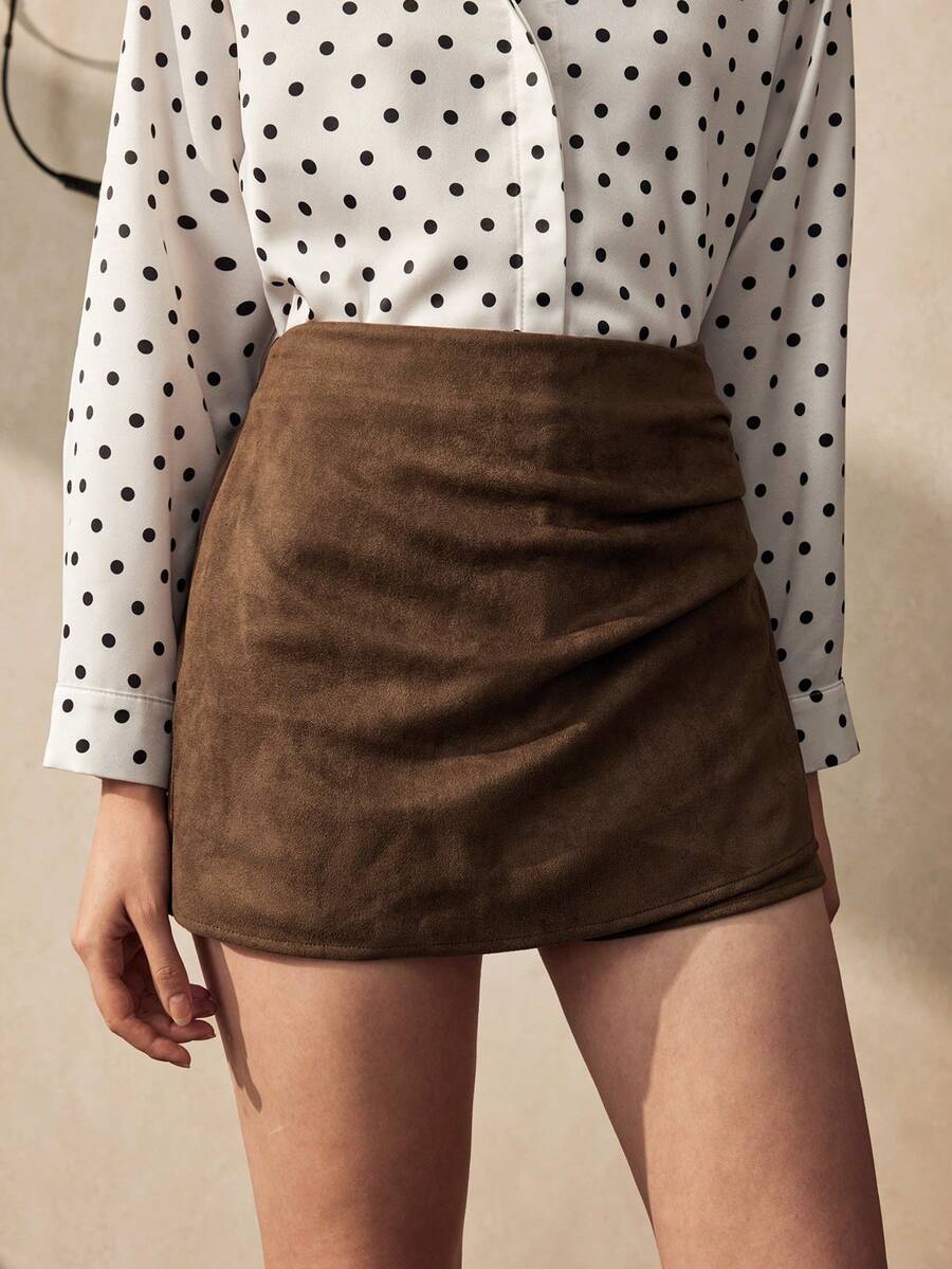 Zovinel 女士休闲优雅麂皮褶裥侧拉链裙裤，适合通勤和户外活动 - 咖啡棕 - 查看 1