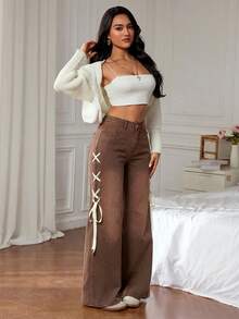 SHEIN Tall 女士高腰镂空系带口袋阔腿宽松时尚牛仔裤 - 咖啡棕 - 查看 7